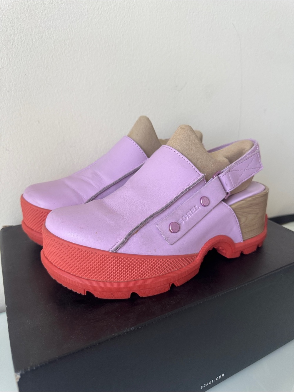 Sorel Roam Lilac Leather Slingback Clog with Coral Platform Sole